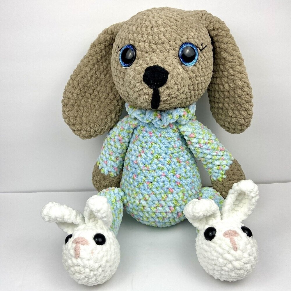 Crocheted Handmade Rabbit Bunny Stuffed Animal With Bunny Slippers 20”